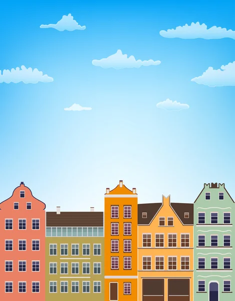 Verticale achtergrond met retro huizen over blauwe hemel met wolken. — Stockvector