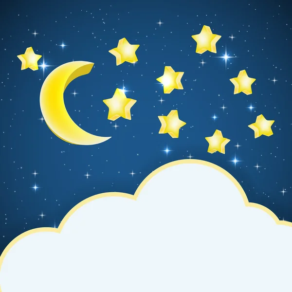 Natt himmel bakgrund med tecknade stjärnor och månen och moln ram — Stock vektor