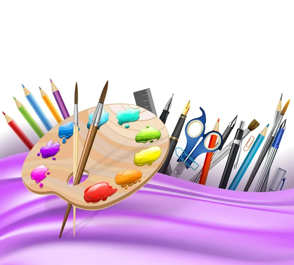 Fondo con líneas onduladas y lápices de color, paleta de arte, pincel — Vector de stock