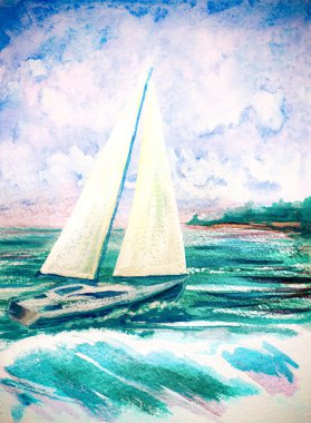 suluboya resim dalgalar deniz ve yelkenli el boyalı