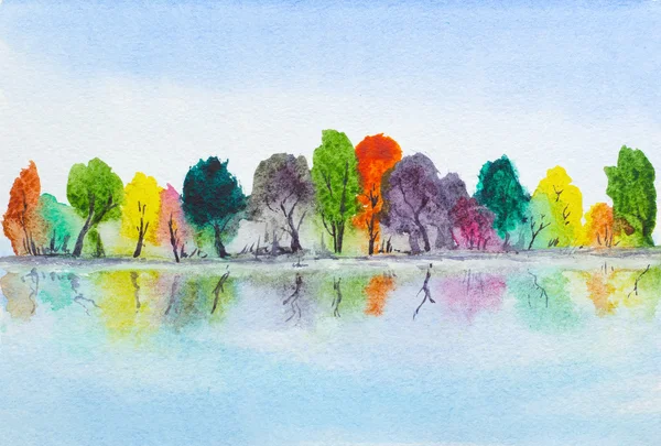 Watercolor hand painted lake with autumn trees with reflection — Stock Photo, Image