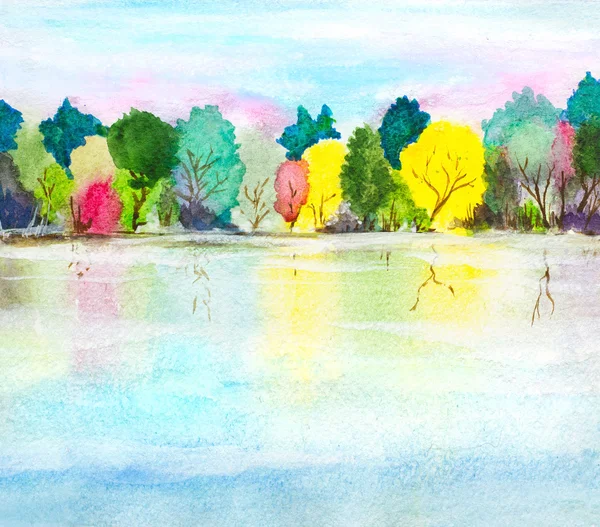 Hand målade akvarell bakgrunden med sjö, hösten skogen träd — Stockfoto