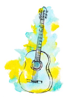 hand drawn classical guitar and watercolor splash illustration clipart