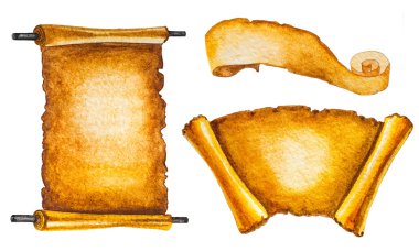 eski beyaz izole scrolls ayarlayın. el suluboya Il boyalı