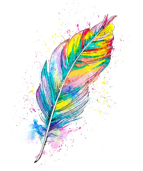 Hand painted watercolor illustration of a feather and color spla — Stock Photo, Image