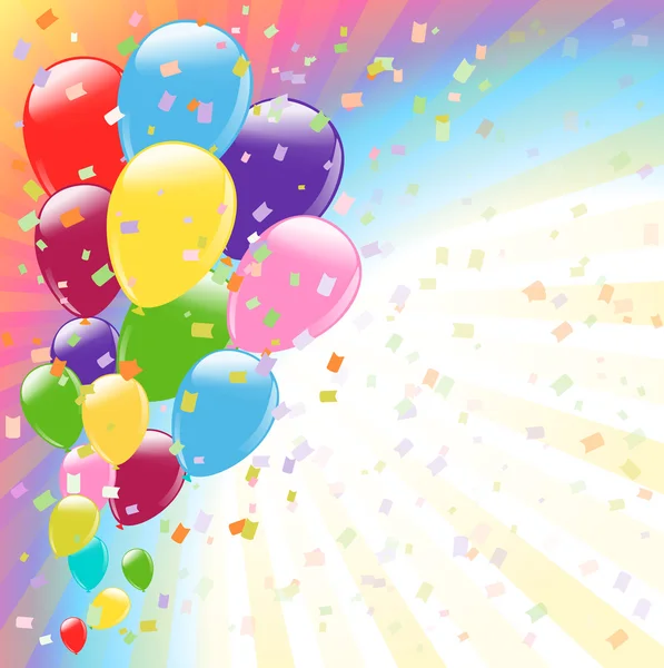 Flying colorful balloons and confetti on colorful background. bi — Wektor stockowy