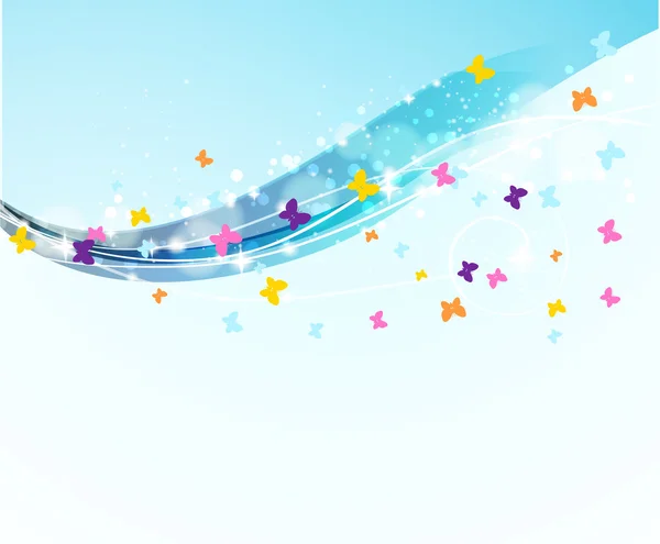 Abstract background with flowing waves and flying butterflies — ストックベクタ