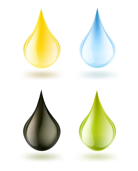 Gotas de agua, aceite, gasolina, detergente o aceite de oliva puestas en blanco. v) — Vector de stock