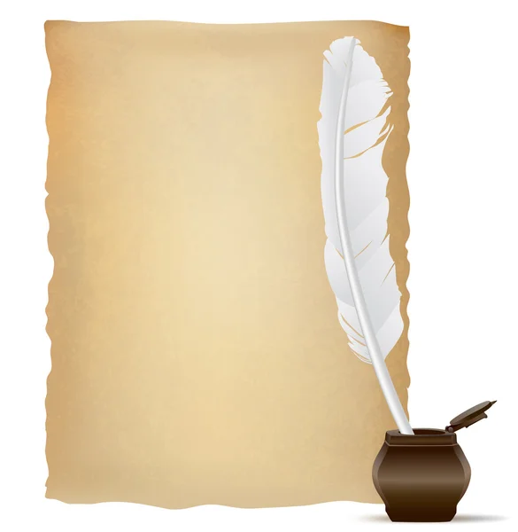 White feather pen and old papyrus. vector illustration — Stok Vektör