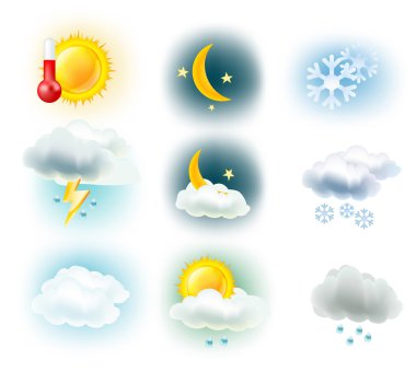 Hava sembolleri. Güneş, bulutlar, moon, yağmur, kar ve termometre ben