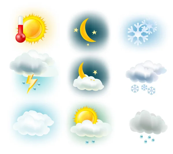 Wettersymbole. Sonne, Wolken, Mond, Regen, Schnee und Thermometer i — Stockvektor