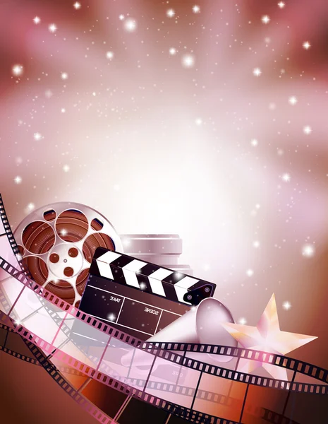 Cinema bakgrund med kläpp, stjärna, filmen rullar och band. VEC — Stock vektor