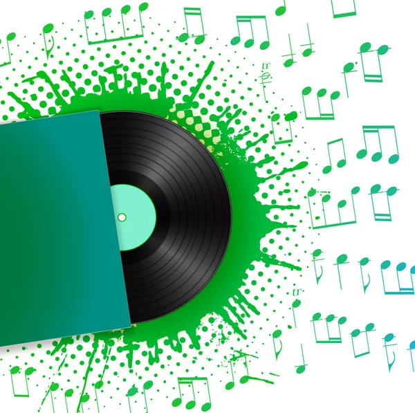 Disco de vinilo y notas musicales en salpicadura de color. ilustración vectorial — Vector de stock