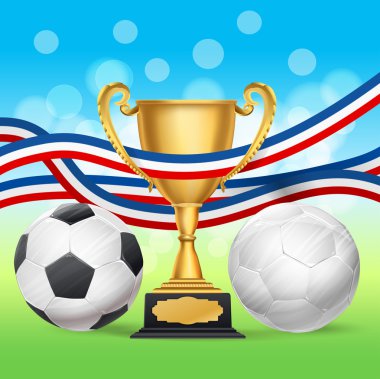 Altın Kupa bardak ve futbol topları ile Fransız bayrağı bulanık gr