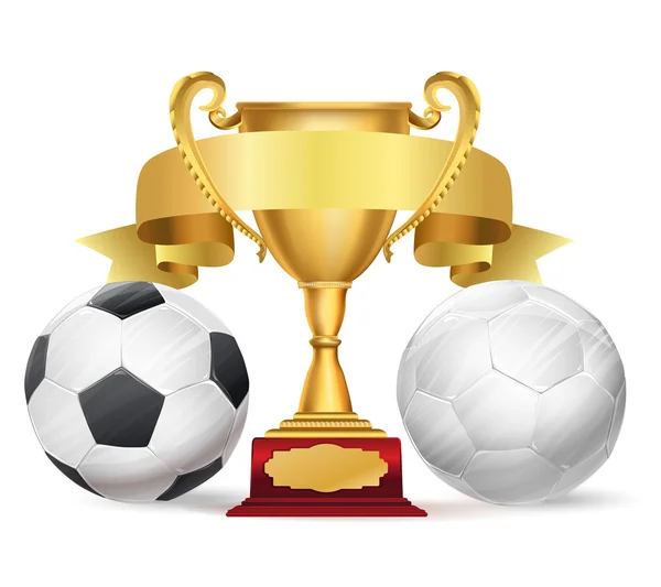 Trofeo de fútbol con cinta dorada y pelotas de fútbol en whi — Vector de stock