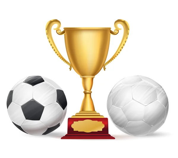 Футбольный трофей и футбольные мячи на белом. векторная иллюстрация — стоковый вектор