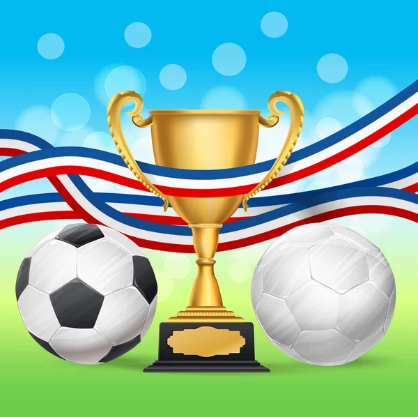 Golden trophy cup and soccer balls with french flag on blurry gr — Stock Vector