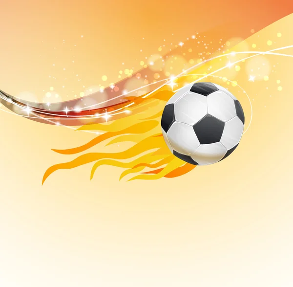 Fondo de fútbol con bola voladora con llamas de fuego. vector — Vector de stock