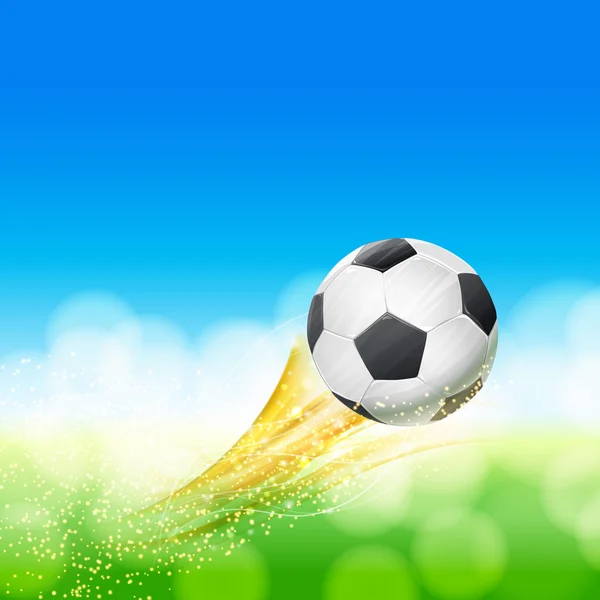 Летит футбольный мяч над зеленым и голубым пейзажем с блестящими — стоковый вектор