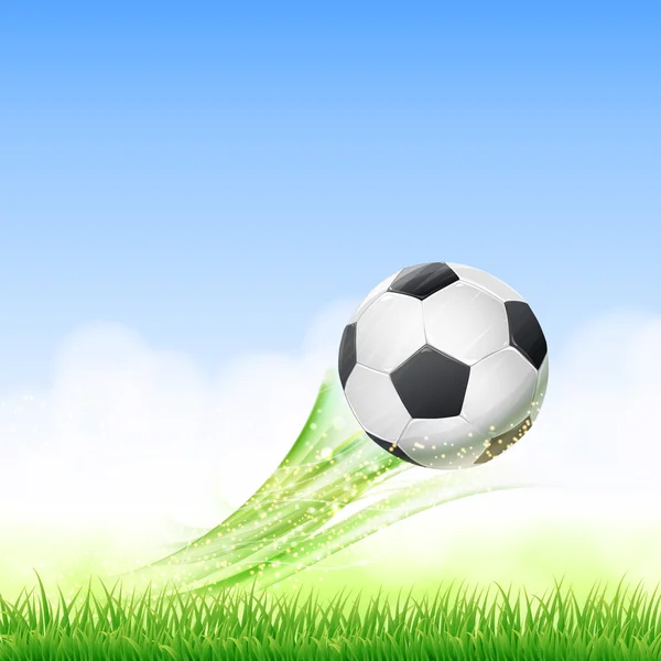 Ilustrace téma fotbal s létající fotbalový míč přes zelené — Stockový vektor