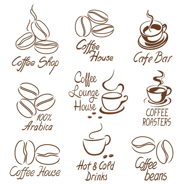 Set of coffee shop signs with beans and cups line art style. vec — Stock Vector