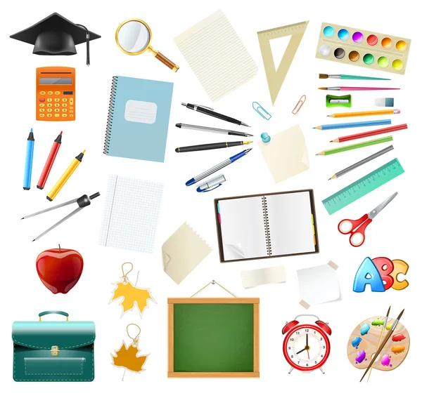 Set of school supplies isolated on white. Education workplace ac — Stock Vector