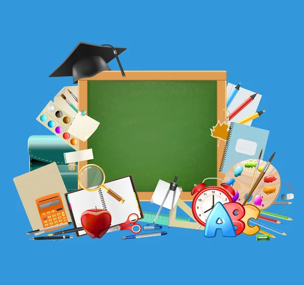 Back to school blue background with chalkboard, graduation cap, — Stock Vector