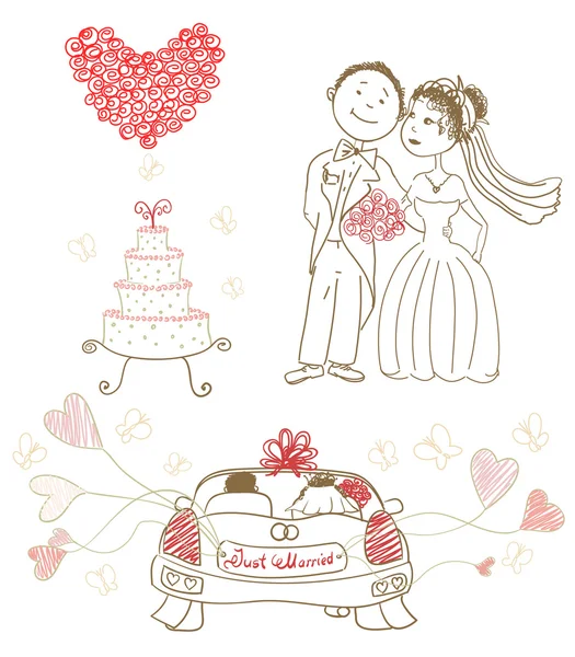 Pastel de bodas con mariposas, novia y novio felices, corazón hecho — Vector de stock
