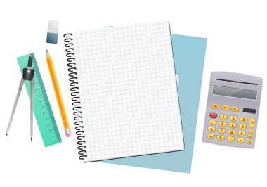 Cetvel, kalem, silgi ile matematik defter sayfası kağıt arka plan