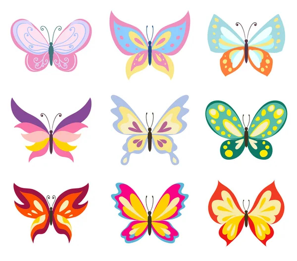 Establecer Varias Mariposas Color Sobre Fondo Blanco Sin Gradientes Efectos — Vector de stock