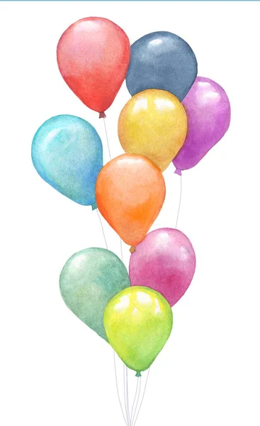 Watercolor Colorful Holiday Bunch Balloons Closeup Isolated White Background Hand — Stock Photo, Image