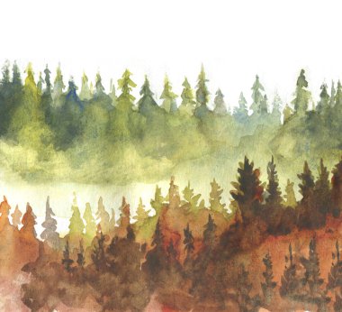 Ladin ağaçları sonbahar arkaplan suluboya resim