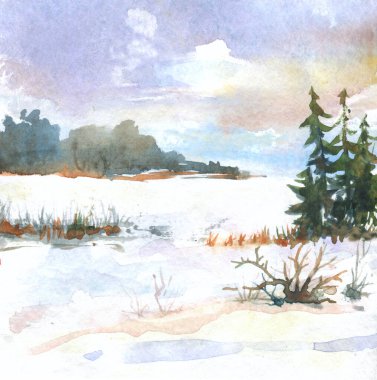 köknar ağaçları ve uzak bulutlarla suluboya kış manzarası. el çizimi resimleme