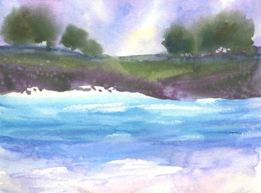 Ağaçlı suluboya manzara, bulutlu gökyüzü, soyut resimli mavi göl