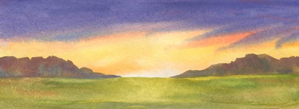 Panoramic abstract illustration of sunset over grass field. Watercolor handmade drawing