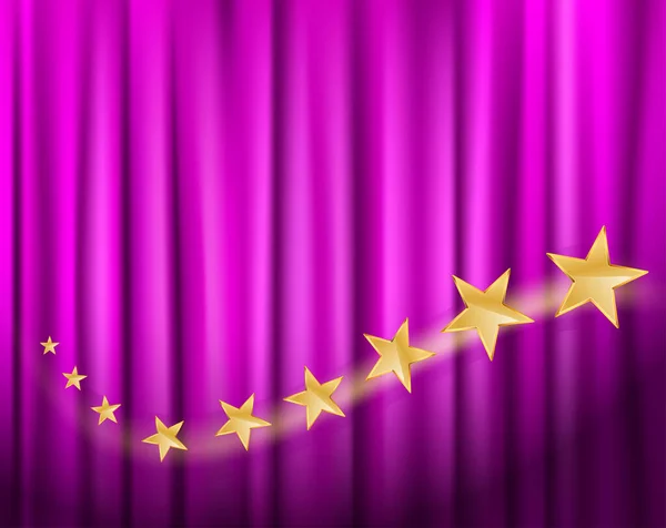 Golden Stars Flying Purple Curtain Vector Illustration — Stock Vector