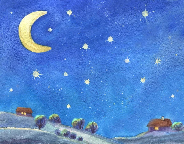 Dibujos Animados Luna Estrellas Casas Pueblo Árboles Azul Noche Dibujado —  Fotos de Stock