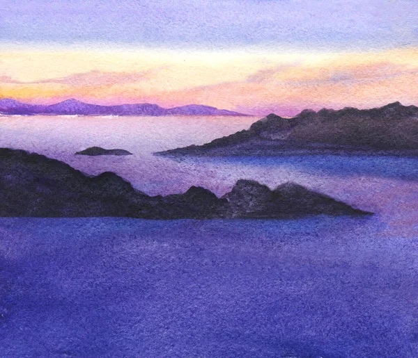 Sunrise Sunset Sea Mountains Rocks Clouds Hand Drawn Watercolor Illustration — Stock Photo, Image