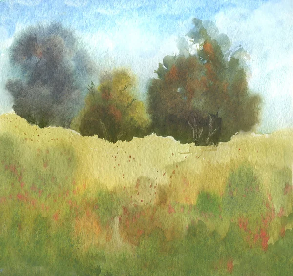 abstract idyllic watercolor landscape with field, flowers and trees. natural hand drawn background