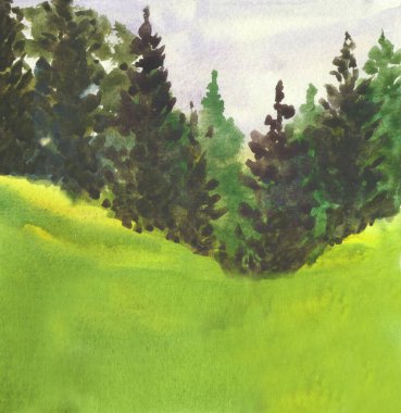 Sulu ağaçlar ve yeşil otlarla dolu soyut bir manzara. el çizimi resimleme