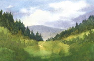 Dağ tepelerinde ladin ağaçları ve yeşil çimlerle soyut bir manzara. el çizimi resimleme