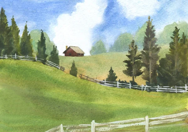lonely farmhouse on hill with carpathian landscape with spruce trees, watercolor hand drawn illustration