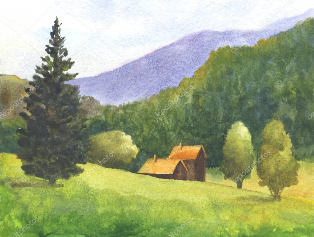 old farmhouses landscape with spruce trees, watercolor hand drawn illustration