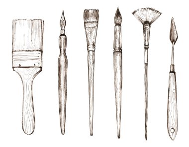 El çizimi boya seti, kıllı fırçalar palet bıçağı, beyaz üzerine mürekkep kalem çizimi. sanat ve yaratıcılık nesneleri 