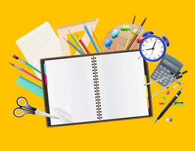 Açık günlük ve okul malzemeleri geçmişi. Vektör illüstrasyonu