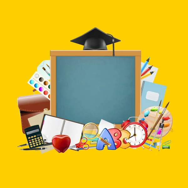 School Achtergrond Met Bestuur Diverse Schoolspullen Vectorillustratie — Stockvector