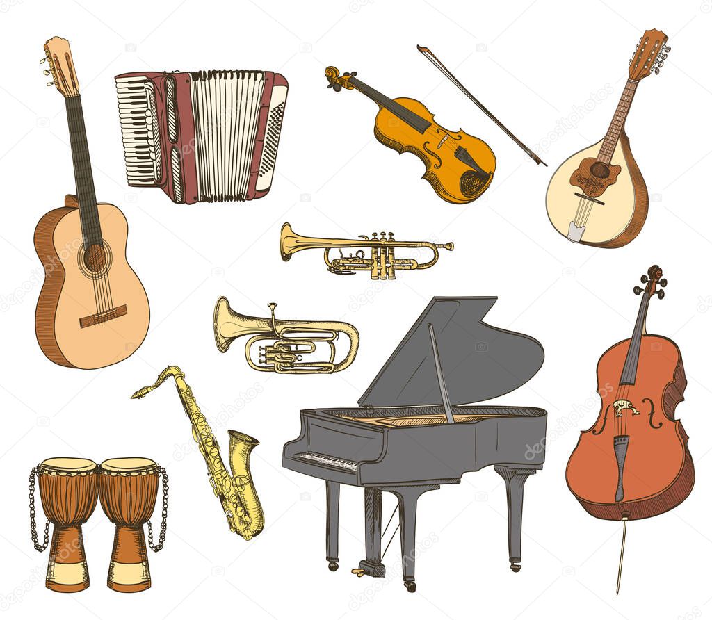 Hand drawn set of acoustic musical instruments. vector illustration