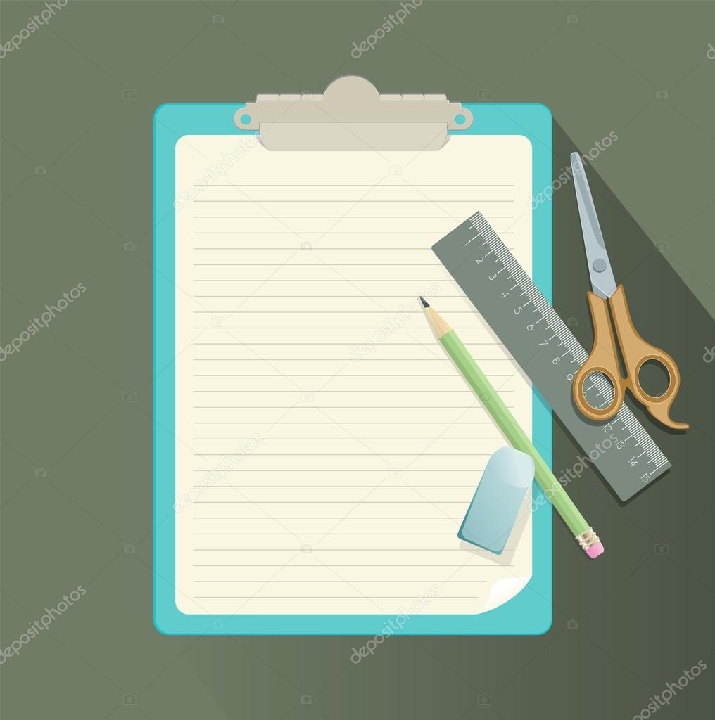 clipboard, pencil, scissors, eraser and ruler