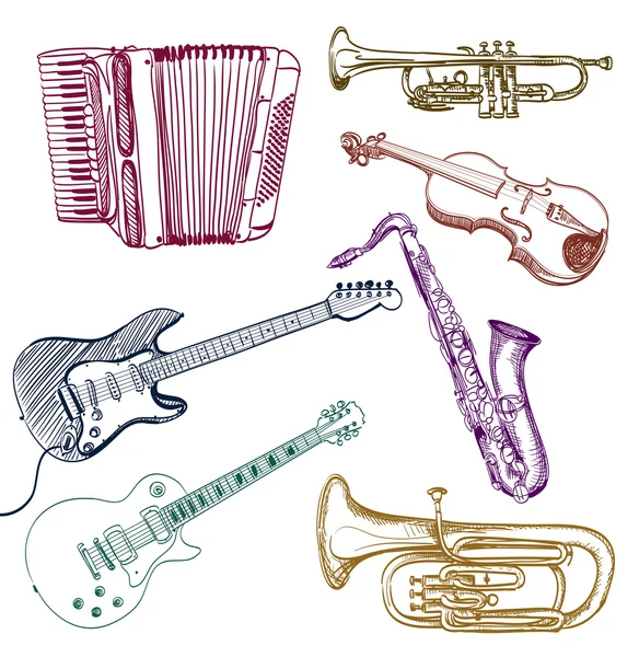 Set von Musikinstrumenten Skizzen — Stockvektor