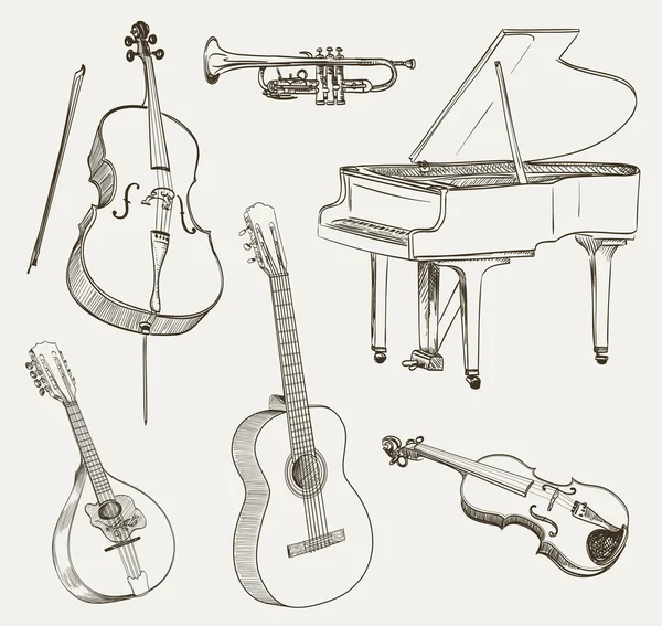 Uppsättning musikinstrument ritningar — Stock vektor